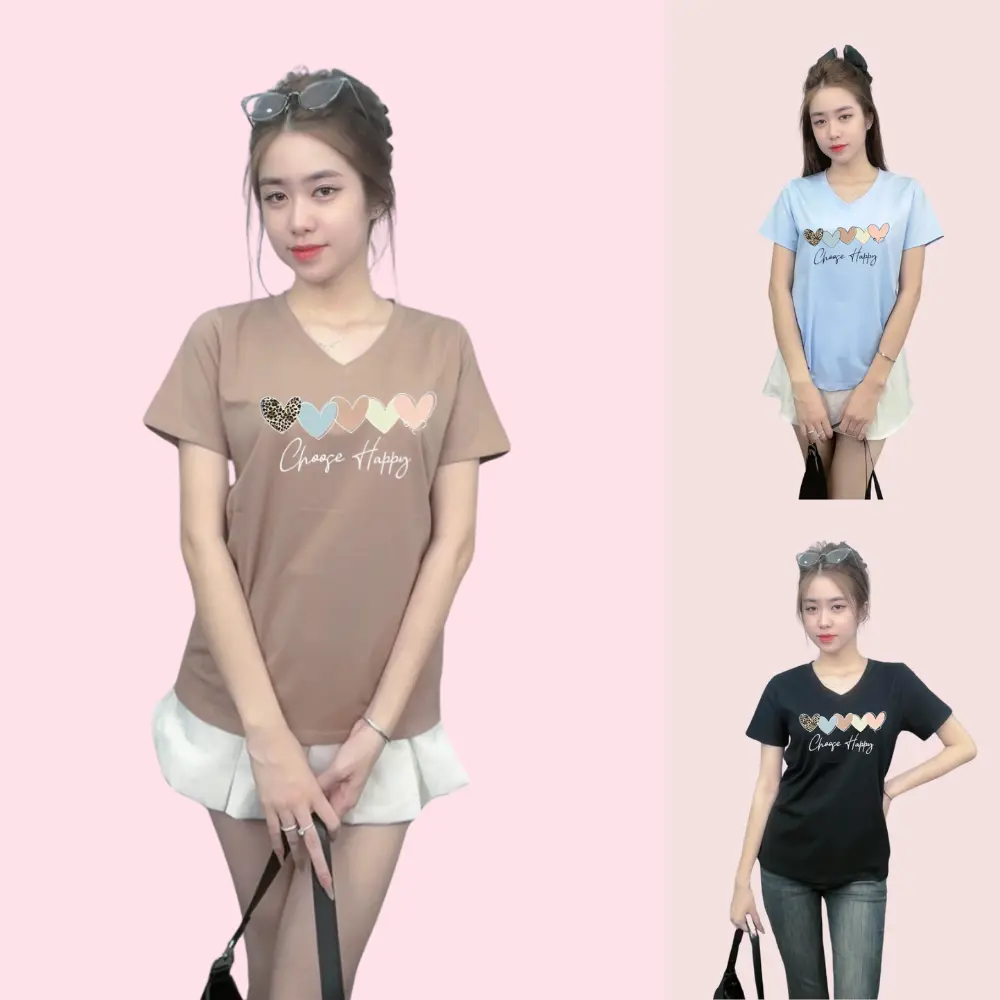 A040- Áo Thun Thái Nữ Cổ Tim Co Giãn Tôn Dáng, Mịn Mát, Thấm Hút Mồ Hôi, Phối Hình Nổi Top Women