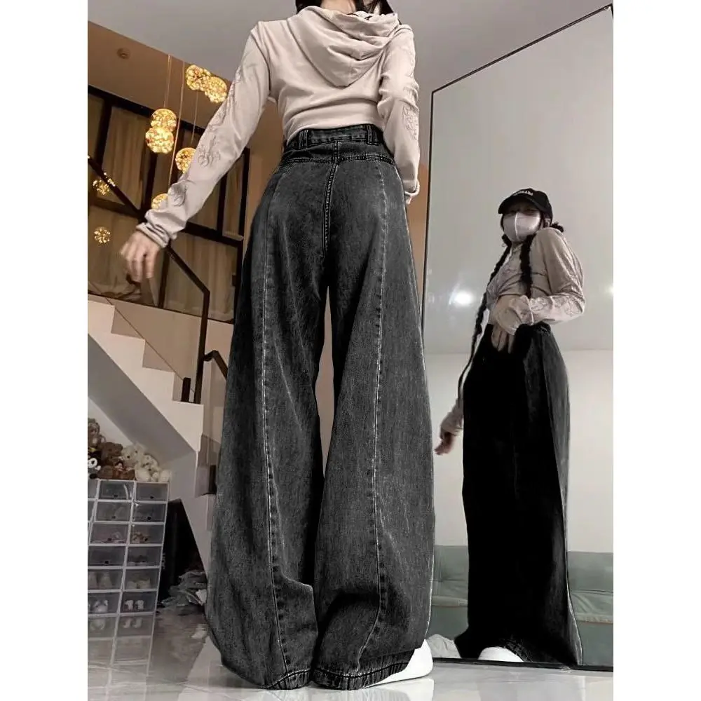 Quần Jean Ống Rộng Xếp Ly, Thiết Kế Màu Đen Và Xám, Dành Cho Nữ, Hàng Mới Về Mùa Thu, Cạp Cao, Dáng Rộng Và thụng, Quần quét đất Nhà Thẳng, Bó Sát