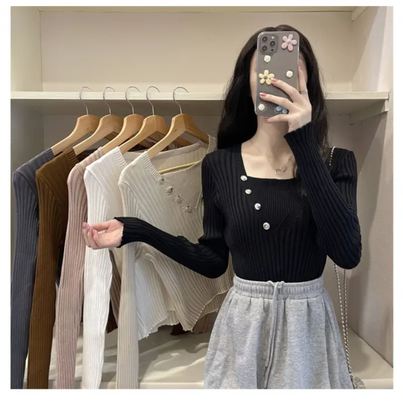 Atasan Oblong Knit Rajut Lengan Panjang Wanita Kaos Oneck Style Korea Baju Kancing 1