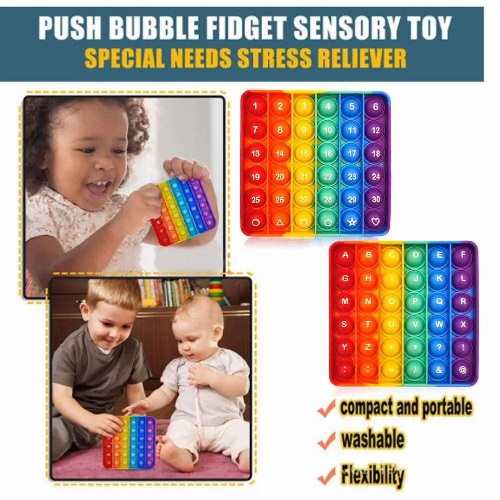 Rainbow English Alphabet Numbers Fidget Pop It Toys Game For Kid Push Bubble Early Education V3Q8