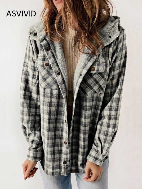 TikTok Shop Women s Plaid Print Button Front Hooded Coat Casual Mufti Clothes Long Sleeve Pocket Coat for Fall Ladies Outerwear for Daily Wear Fall Outfits