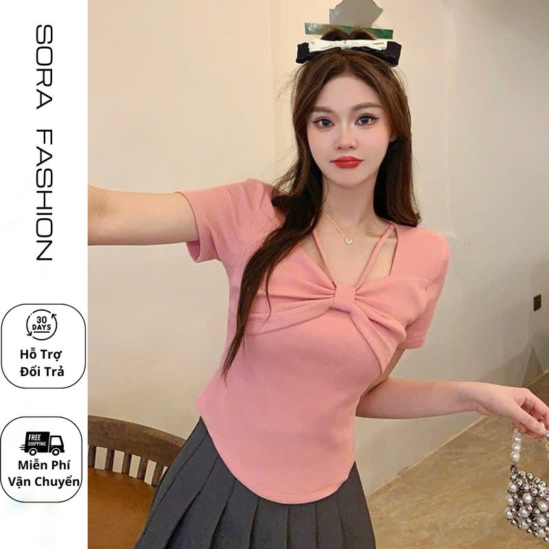Áo Thun Nữ Sora Fashion, Áo Thun Kiểu Nữ Phong Cách Tiểu Thư Vạt Nơ Trước Ngực Chất Liệu Thun Tăm 166 Top Women