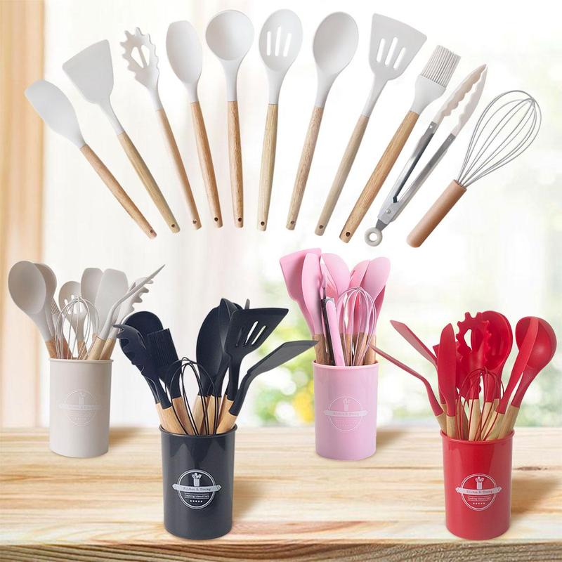 Silicone Cooking Utensils Set, 12pcs/set Including Spatula, Spoon, Tongs, Whisk, Storage Bucket, Kitchen Cooking Utensils Set, Kitchen Accessories 4