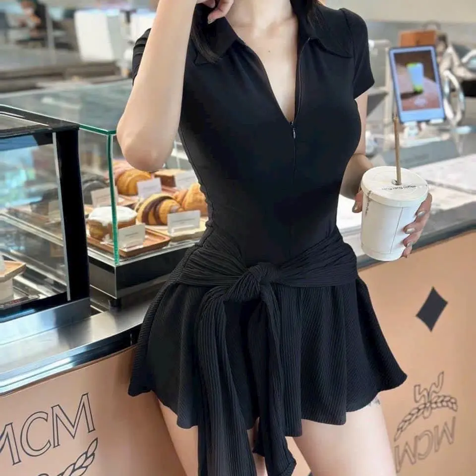 Váy ngắn cổ sơmi mix khoá kéo tay ngắn chân váy nhún thắt eo siêu xinh hack chân dài / Set váy ngắn kèm quần / Set váy sơmi có quần dời /  Dress Nữ Women set váy sơ mi Nhung Áo Kem Top