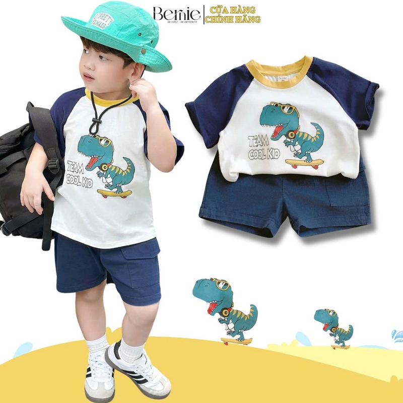  Set bộ tay ngắn bé trai áo thun zaclang họa tiết khủng long cool kid và quần short denim 9 tới 28kg BERNIE H1224B10 