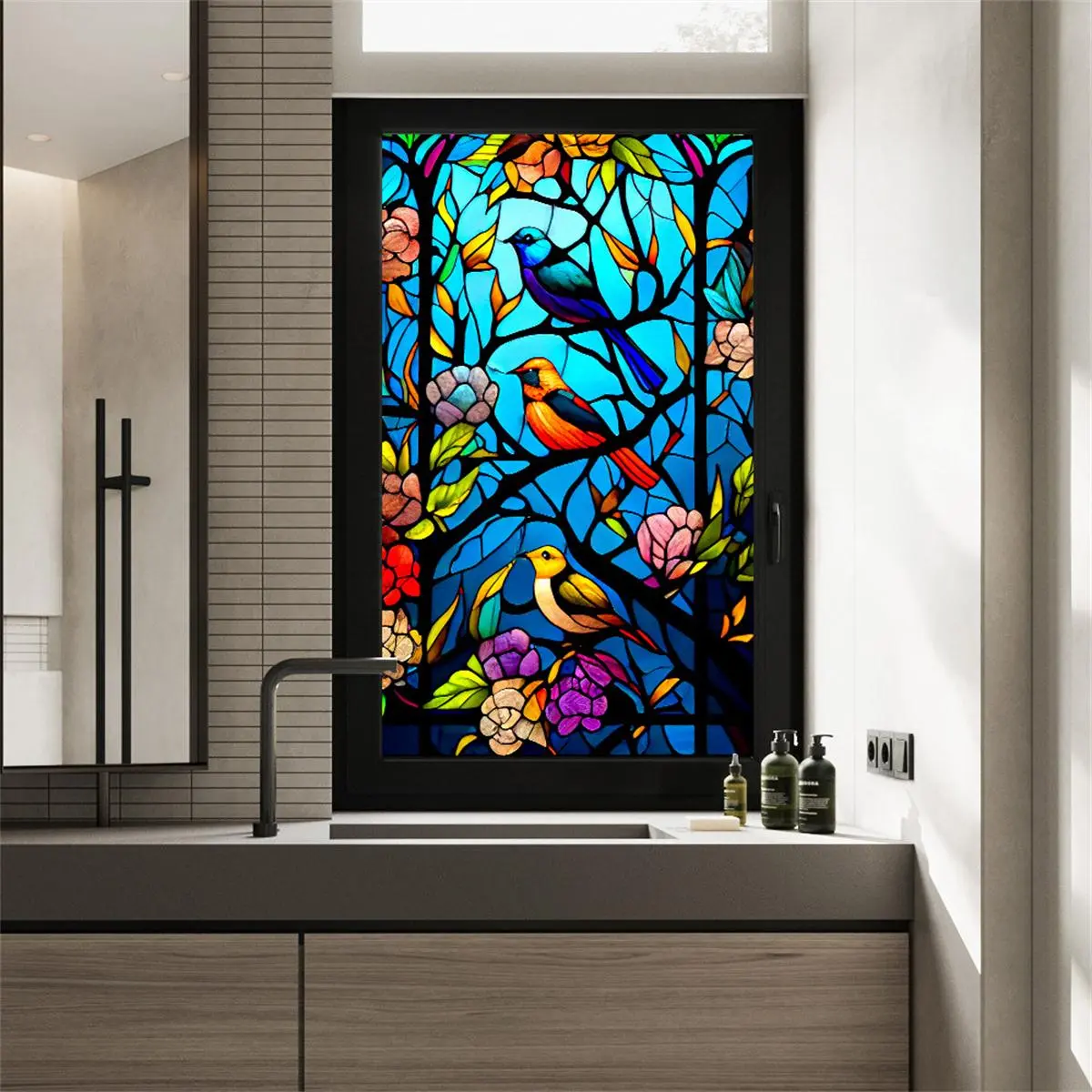 Vintage Window Privacy Waterproof Film, 1 Count Removable Static Cling Window Sticker, Decorative Decal for Home Office Bathroom