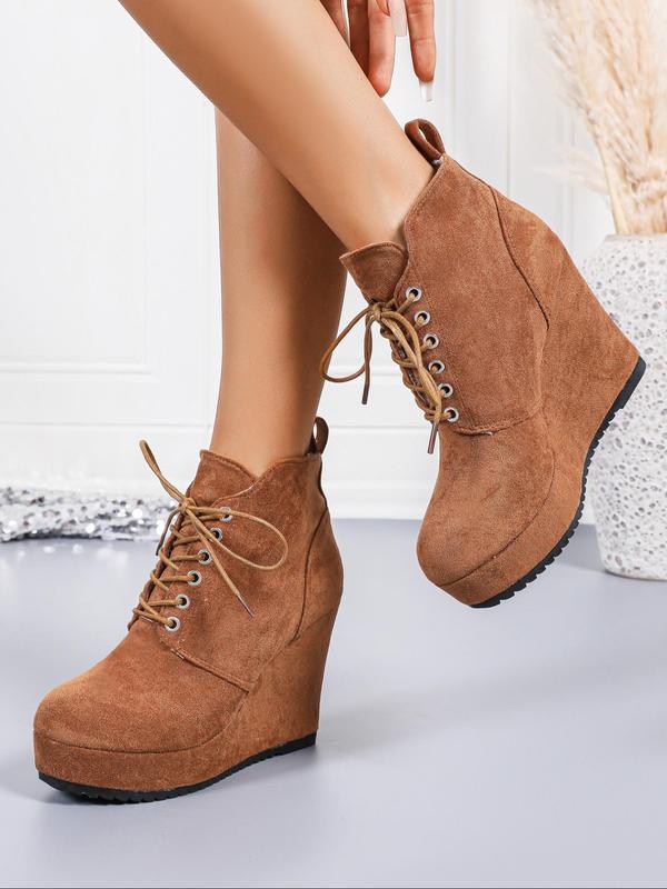 Women's Fashionable Solid Color Lace Up Platform Ankle Boots, Casual Comfortable Wedge Boots for Fall & Winter, Female All-match Trend Shoes for Daily Wear 5