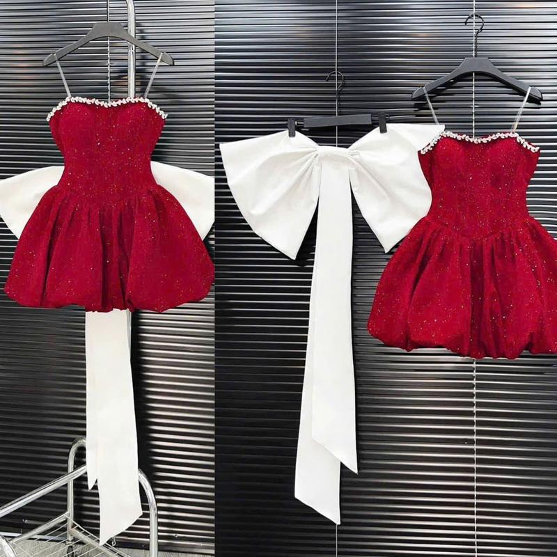 Đầm Váy Nữ Chất Nhung Kim Tuyến Trễ Vai Cúp Ngực Viền Đá Dáng Bí Xòe Kèm Nơ Lưng Women Top