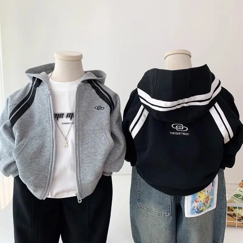 Áo Khoác Có Mũ Cho Bé Trai, Phong Cách Mùa Xuân Và Mùa Thu, Áo Khoác Nỉ Có Khóa Kéo Thường Ngày Áo Sơ Mi Cardigan, Áo Sành Điệu Cho Trẻ Em, Có Sẵn Năm 2025