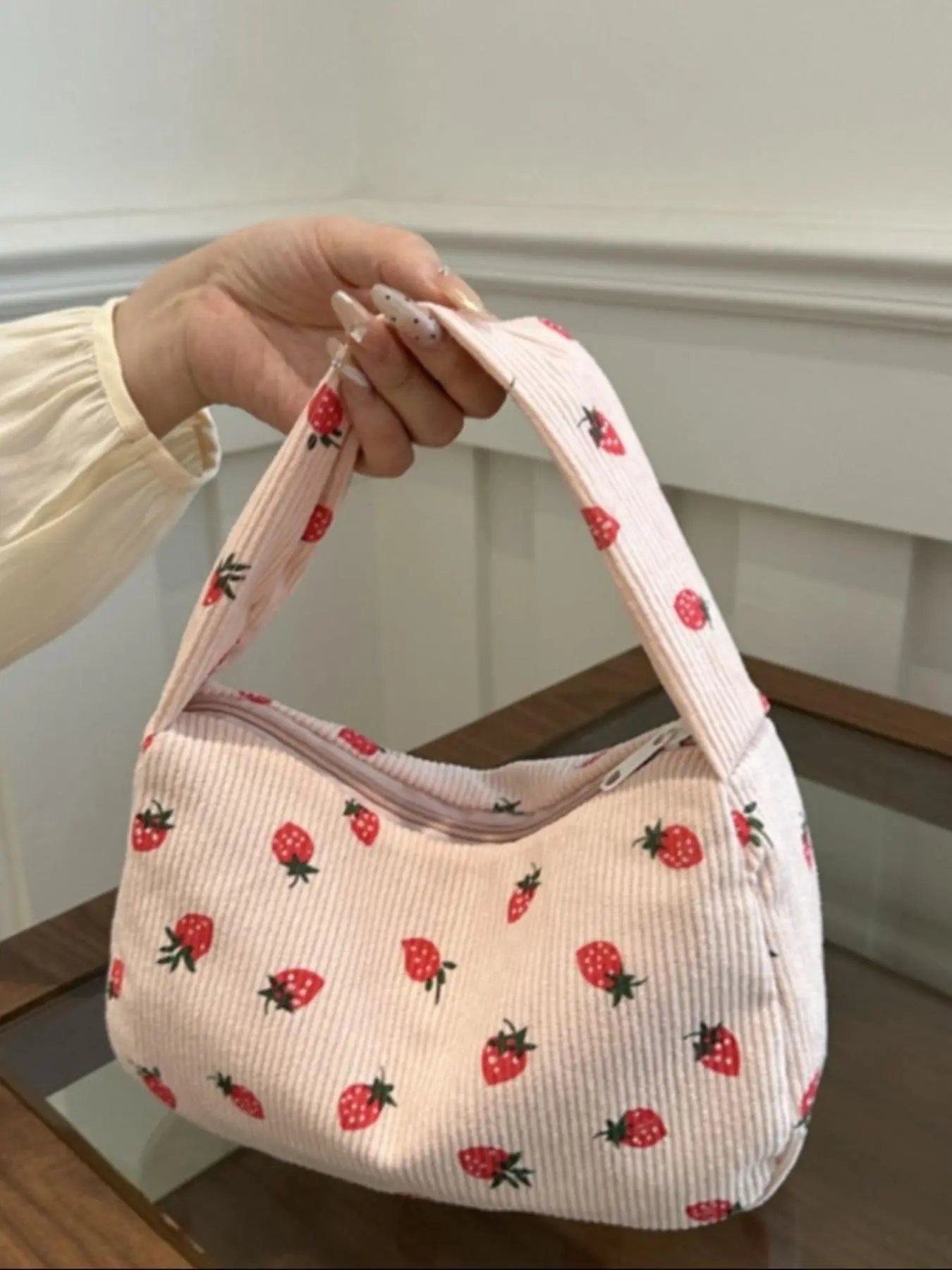 Women's Strawberry Pattern Corduroy Shoulder Bag, Casual Versatile Zipper Underarm Bag for Daily Used, Trendy All-match Bag for Commuters and Students