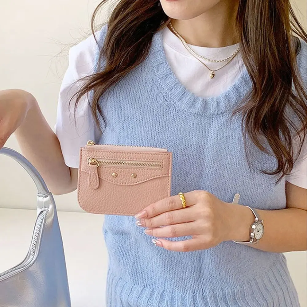 Causal Litchi Pattern PU Leather Coin Purse Multi-card Slot Solid Color Women Card Bag with Keychain Lightweight Folding Wallet Girl