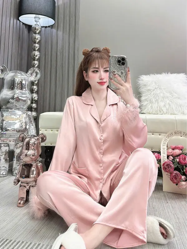 TAY LÔNG VŨ, (40-60Kg và 60-75Kg), Đồ Bộ Nữ, Tay Dài Quần Dài, In Họa Tiết Trơn Viền Tua Rua, Chấy Vải Lụa Mịn, Mềm, Mát 2