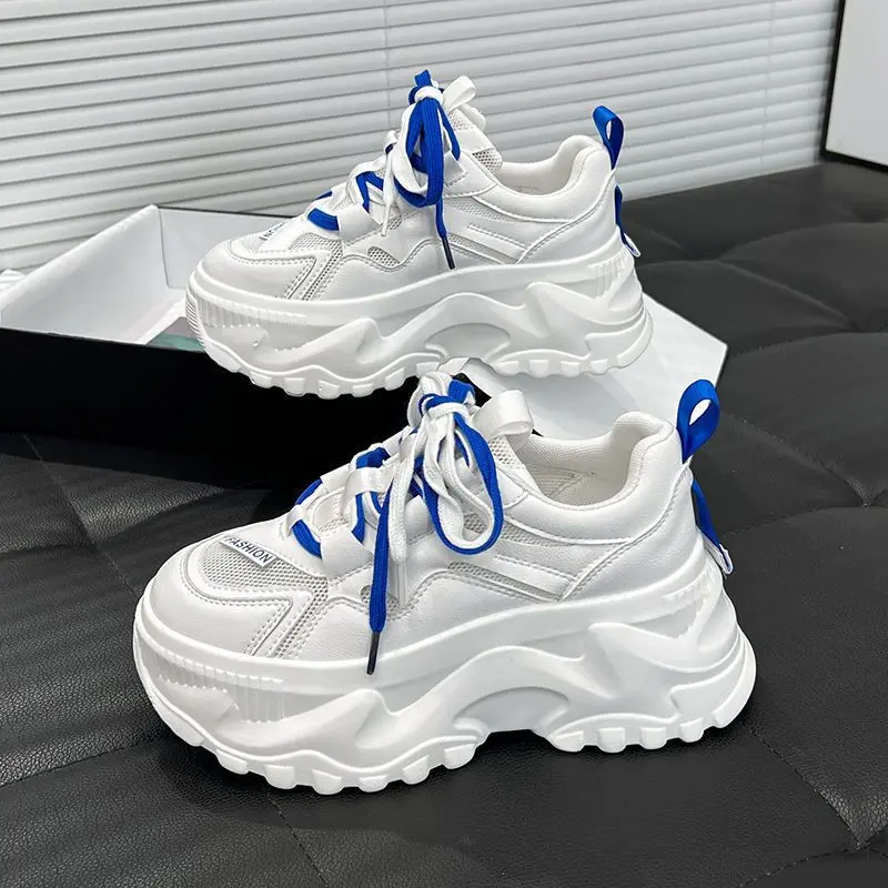 Giày thể thao phối lưới thoáng khí 7cm dây màu kép kiểu dáng Hàn Quốc Nữ Shoes