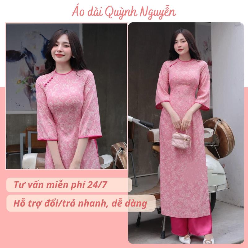 Áo dài cách tân nữ thiết kế gấm hồng kết cổ màu hồng - MÃ TK152 Nữ Women Dress Nhung Kem Sen