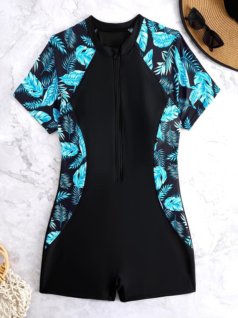 Product Introduction of 【Plus Size】 Leaf Print One-piece Swimsuit, Casual Comfy Breathable Swimwear for Beach Holiday Vacation, Women's Swimsuit for All Seasons 7