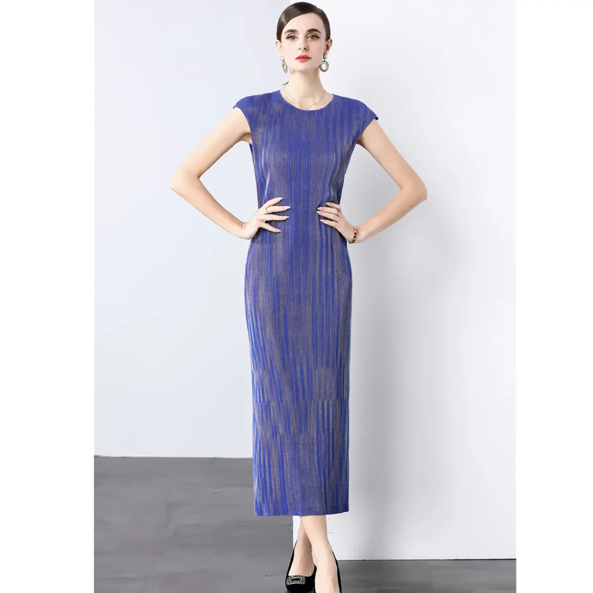 Miyake Pleated Midi Dress for Women Summer Autumn Vacation Solid Short  Sleeve Stretch Folds Long Skirt Casual Robes - TikTok Shop Philippines