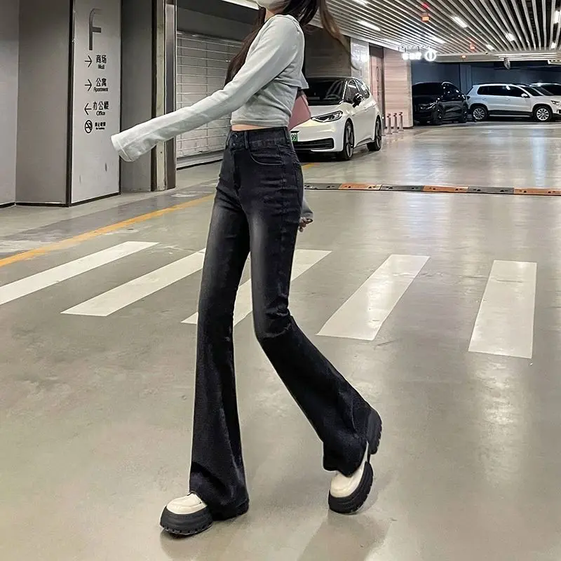 Quần Jean Bootcut Cạp Cao Màu Xám Đen, Dành Cho Nữ, Bộ Sưu Tập Xuân Thu, Hàng Mới Về Cho Mùa Thu / Đông, Ôm Sát, Quần Legging Dễ Phối Đồ Ins, Năm 2024 Women Lưng Cao Pants 3
