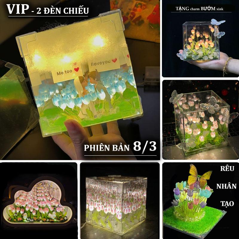 TÚI QUÀ+THIỆP Hộp Đèn hoa tulip Tráng Gương 12cm Tặng Người Yêu Ngày valentine Sử Dụng Pin đèn ngủ hoa tuylip khung vuông Decor Phòng Ngủ Chill