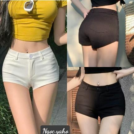 Quần Short nữ cạp thấp chất vải umi co giãn có 4 túi tôn dáng khuy cài Quần short nữ cạp trễ lưng cao kiểu mặc ở nhà thể thao tập gym Sport quần  cạp  thấp quan ngan nu