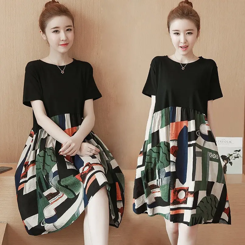 Korean casual patchwork fashion loose plus size A-line mid length skirt，Summer round neck short sleeved dress for women's wear