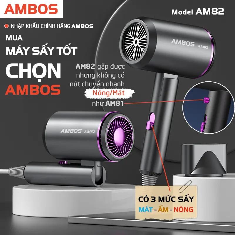 Máy sấy tóc Ambos 3 mức nhiệt nóng lạnh, ion âm và ánh sáng nano xanh giúp mượt tóc chống khô xơ, lực sấy mạnh, bảo hành đổi trả toàn quốc nếu lỗi 6