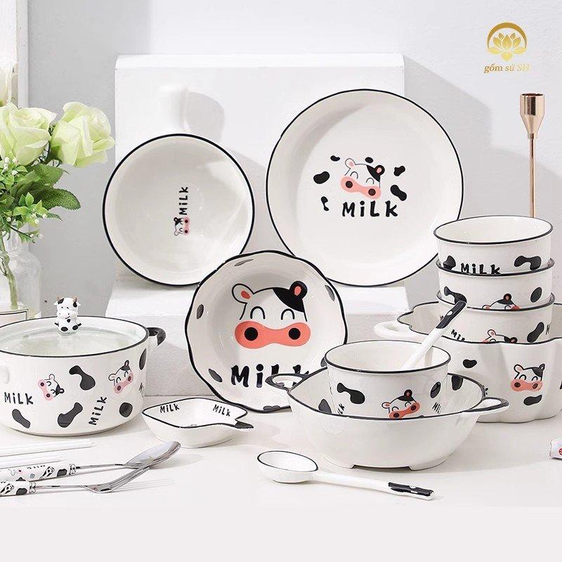 Bộ chén sứ, đĩa, thố, tô, ly ,bộ dụng cụ ăn cơm gia đình họa tiết chú bò sữa siêu đáng yêu - Gốm sứ SH
