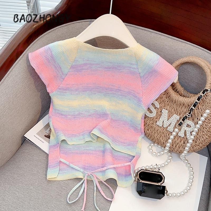 Áo Dệt Kim Hình Bướm 3D, Dành Cho Nữ, ngắn Tay, Cổ Vuông, Màu Tương Phản, Dáng Ôm, Áo Phông, Quần Áo Thẩm Mỹ 1