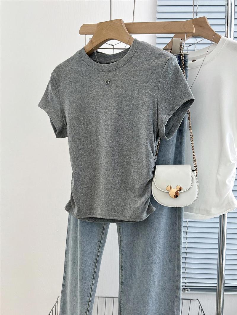 Product Introduction of Short pleated women's T-shirt waist design sweet short-sleeved summer cotton round neck top 20