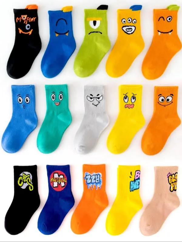Boys' Cartoon Face & Letter Print Calf Socks, Casual Cute Comfy Breathable Fashion Mid-calf Socks for Daily Wear, Kids Socks for All Seasons, Casual Stylish Socks 0