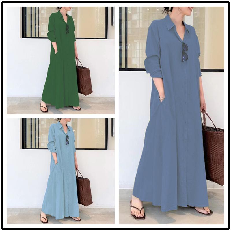 Product Introduction of Women European and American style cotton linen solid color lapel long sleeve insert bag simple loose casual long shirt dress 59