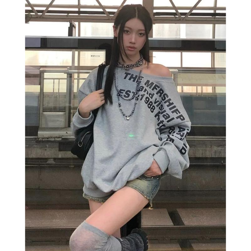    Bigsize 55-100kg  Áo sweater trễ vai chữ lệch trendy hot quảng châu cá tính thời thượng Nữ Women 