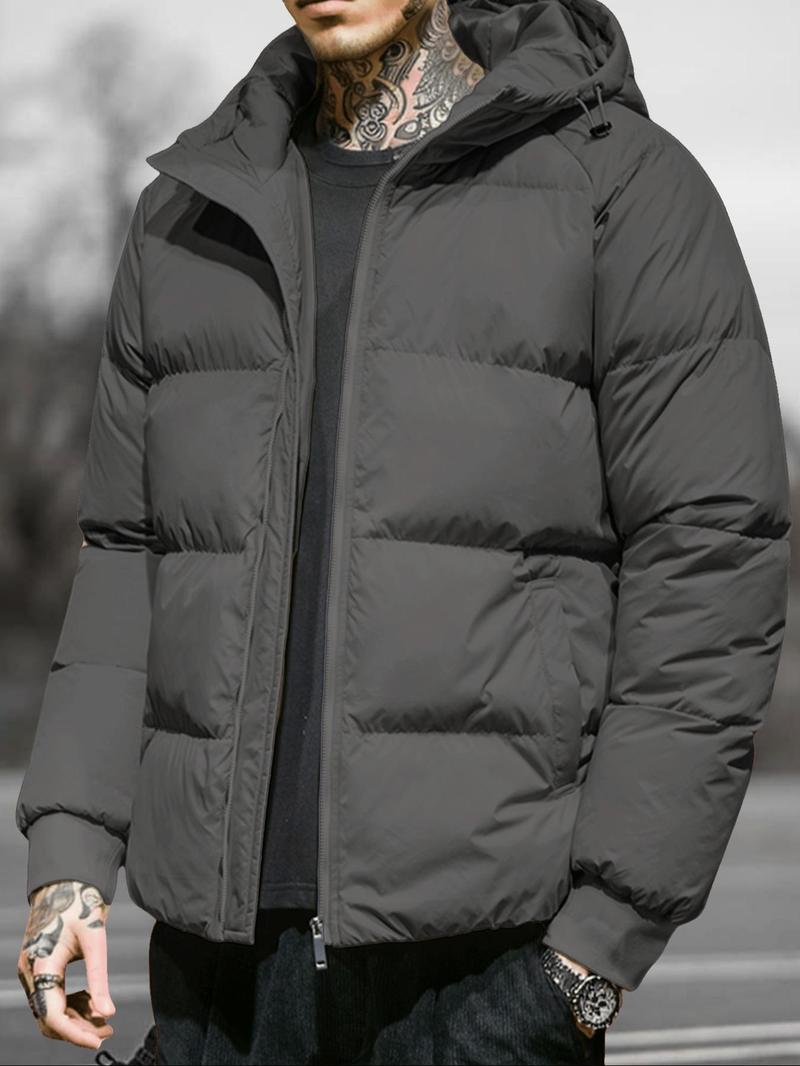 Product Introduction of Men's Solid Pocket Drawstring Hooded Winter Coat, Regular Fit Casual Long Sleeve Zip Up Outerwear for Fall & Winter, Men's Clothes for Daily Wear 3