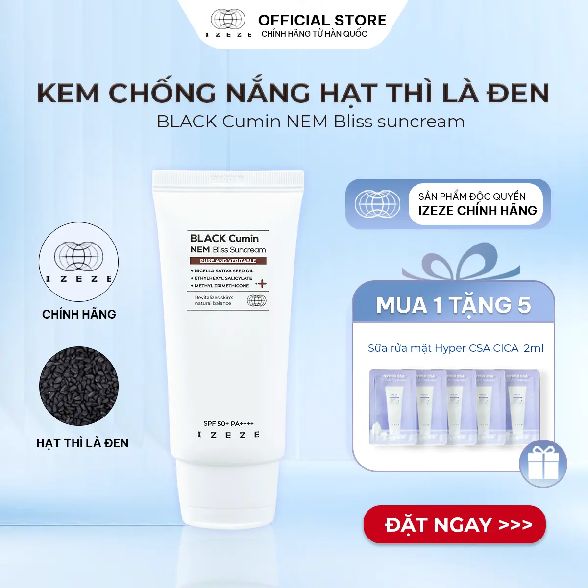 [IZEZE] Kem chống nắng BLACK Cumin NEM Bliss 50mL (Chiết xuất hạt thì là đen, kết cấu mỏng nhẹ, không tạo vệt trắng)