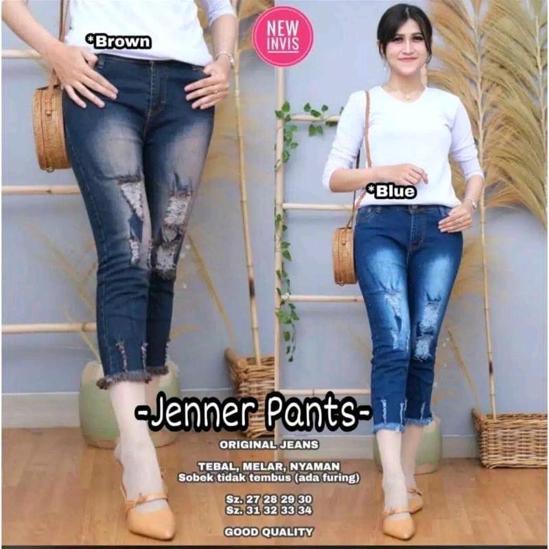 jener celana jeans wanita 7/9 model sobek-sobek street kekinian ada lapisan bawah rawis kaki melar Soft Stretch 0