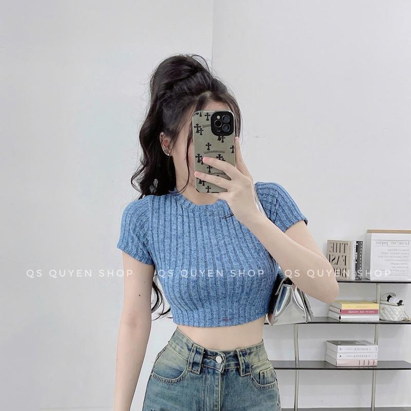 ÁO THUN NỮ CROPTOP TAY NGẮN GÂN LEN