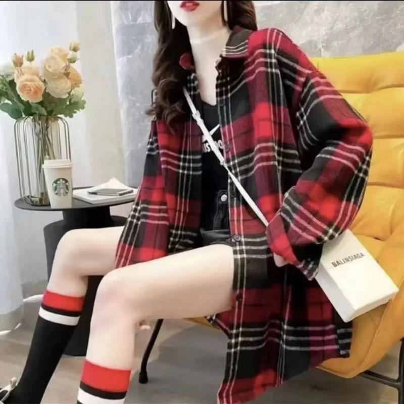 Áo Sơ Mi Kẻ Sọc, Len Dày Chải, Dáng Rộng Vừa Vặn, Dài Trung Bình Dành Cho Nữ, Thích Hợp Cho Mùa Thu Và Mùa Đông, Hàng Mới Về, Phong Cách Hồng Kông, Áo Khoác Sơ Mi Dễ Phối Đồ Thời Trang 6