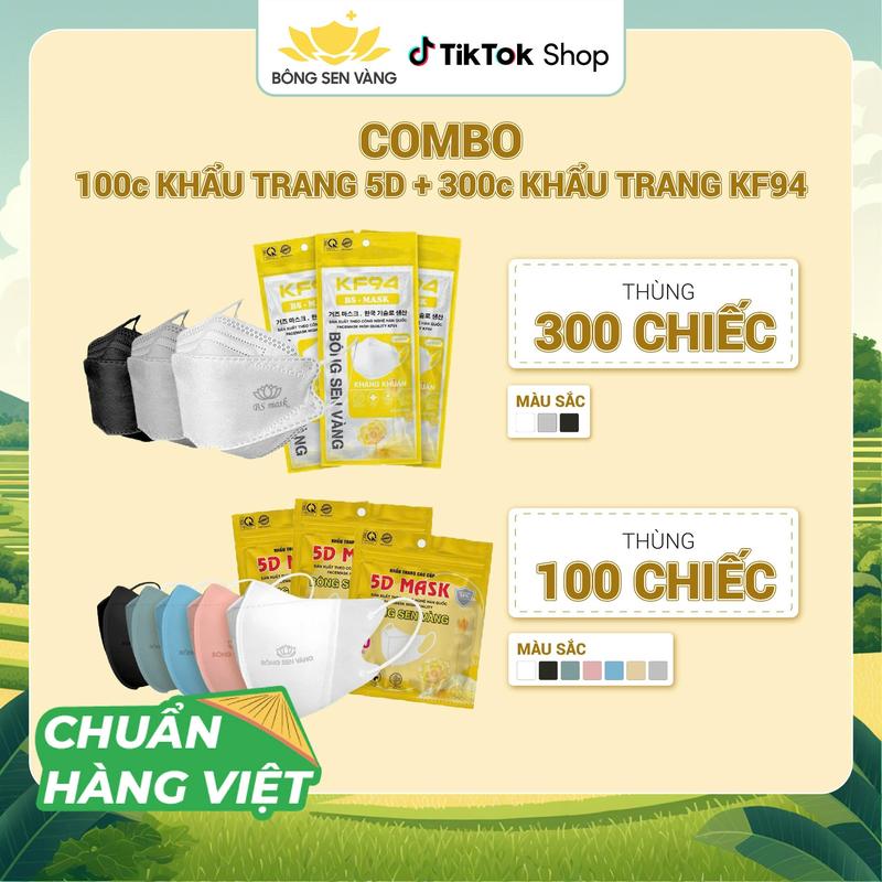 Combo: 300 cái KF94 và 100 cái 5D Khẩu Trang Bông Sen Vàng