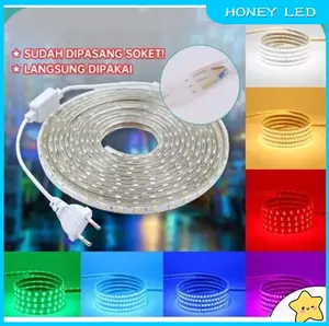 Lampu LED Strip 5050 COD Paket 1-10 Meter Plus Soket AC 220V - Pilihan Warna Putih, Warm White, Biru, Merah, Hijau, Pink