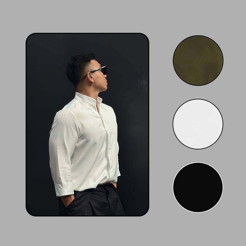 Áo sơ mi cổ trụ, tay lửng, giấu 1/2 nút, form regular Menswear Nam Đen - Đã cập nhật nút trắng cho áo trắng.