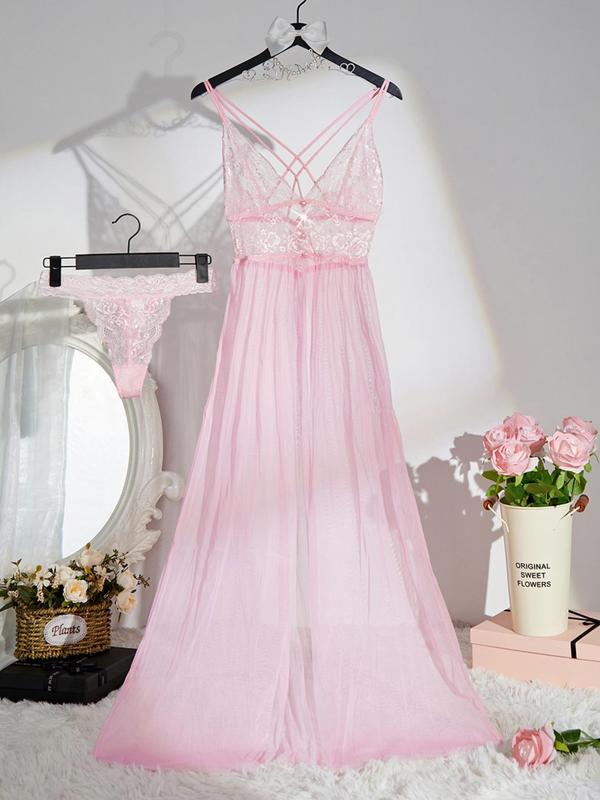 Women's Sheer Criss Cross Cami Nightdress & Scallop Trim Thong PJ Set, Breathable Split Lace Nightgown & Panty, Women's Loungewear For Summer, Summer Clothes Women 6