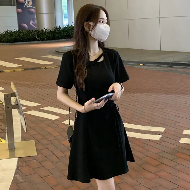 [LS] Black Dress with Drawstring Hepburn Short Skirt Women's Minimalist Fashion Basic Lady Model 6644 Hot Sale New