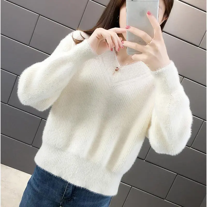 Áo Len Ngắn Lông Chồn Cho Nữ, Áo Chui Đầu Mới, Quần Áo Dệt Kim Dày, Áo Lớp Cơ Bản, Áo Cổ Chữ V Dáng Rộng Vừa Vặn Cho Mùa Thu Và Mùa Đông 2