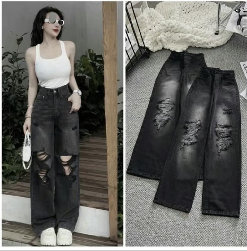 Quần xuông mài rách 2 bên cạp cao phong cách trẻ trung thanh lịch đường phố đủ size từ 40kg – 55kg Jean Nữ Pants Women