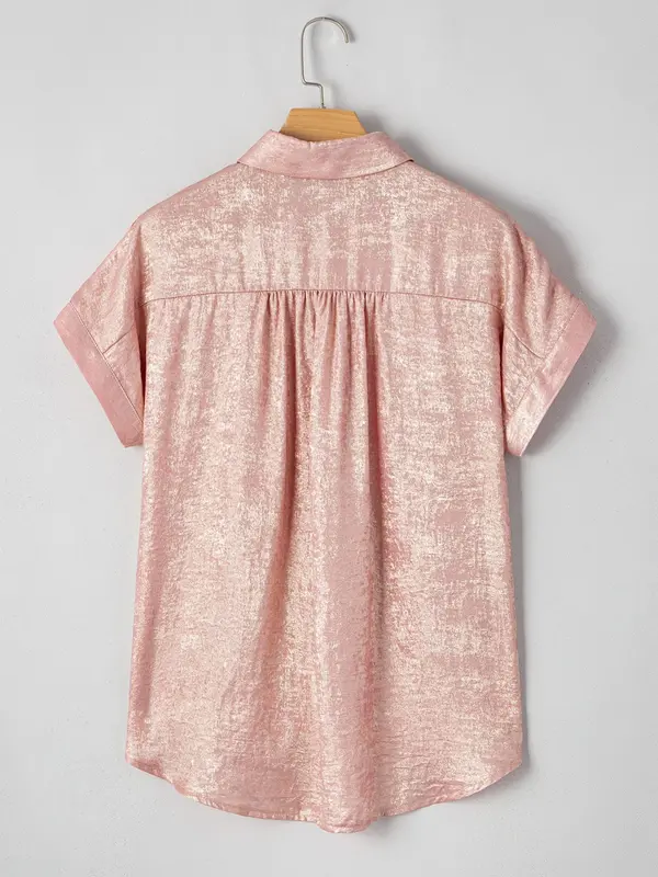 Women's Metallic Button Shirt, Elegant Curved Hem Short Sleeve Top for Spring & Fall, Ladies Clothes for Daily Wear 4