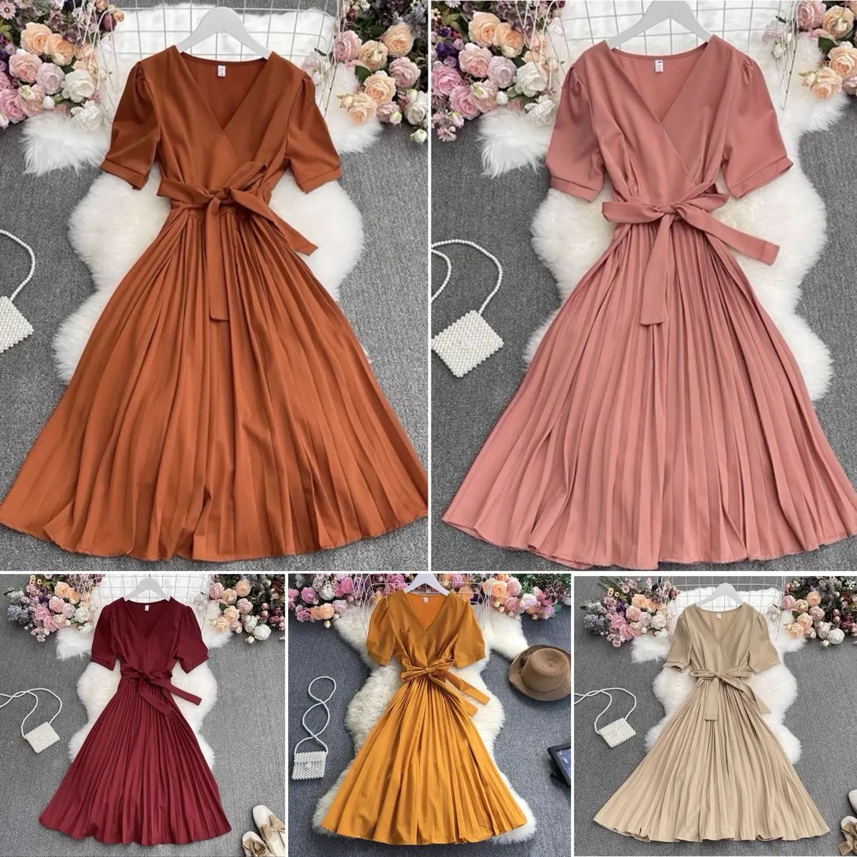 Korean plain Pleated wedding dress w/belt 8Colors Casual Womenswear Formal Chiffon Party Chic Evening #616