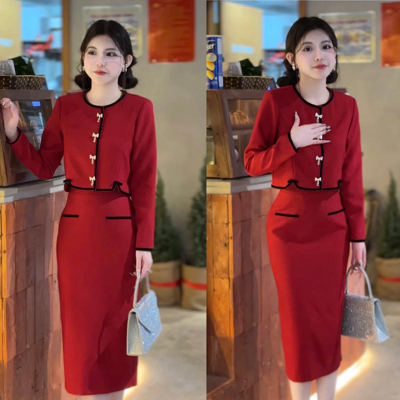  Set X15 dạ  áo+ chân váy  set dạ viền nhung áo cổ tròn phối chân váy bút chì Nữ 