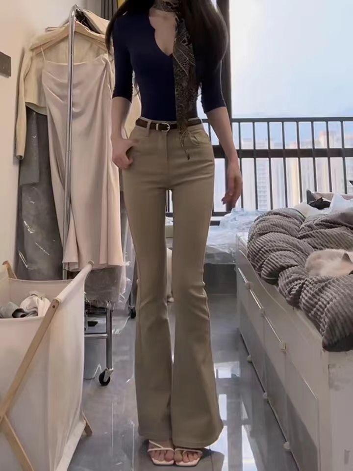 Product Introduction of Khaki High Waist Stretch Skinny Jeans Women's 2025 Winter Korean Style Washed Straight Speaker Pants Fashion Comfort Denim Pockets Streetwear Trouser Lingerie Slim Bottom Womenswear Fabric Basic Minimalist 9
