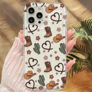 Funda para celular transparente con patrón de cactus y sombrero de vaquero, estilo occidental decorativo, accesorios para celular compatibles con la serie iPhone