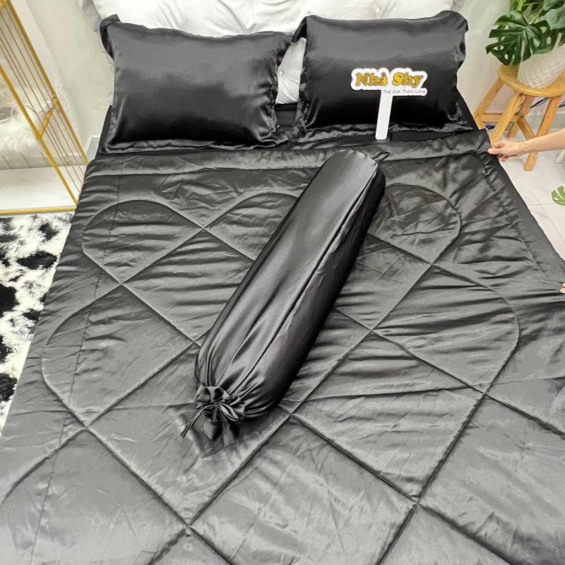 Bộ Chăn Gra Phi Lụa 5 Món Màu Đen - Set 4 món không mền , set 5 món có mền - Nhà Shy