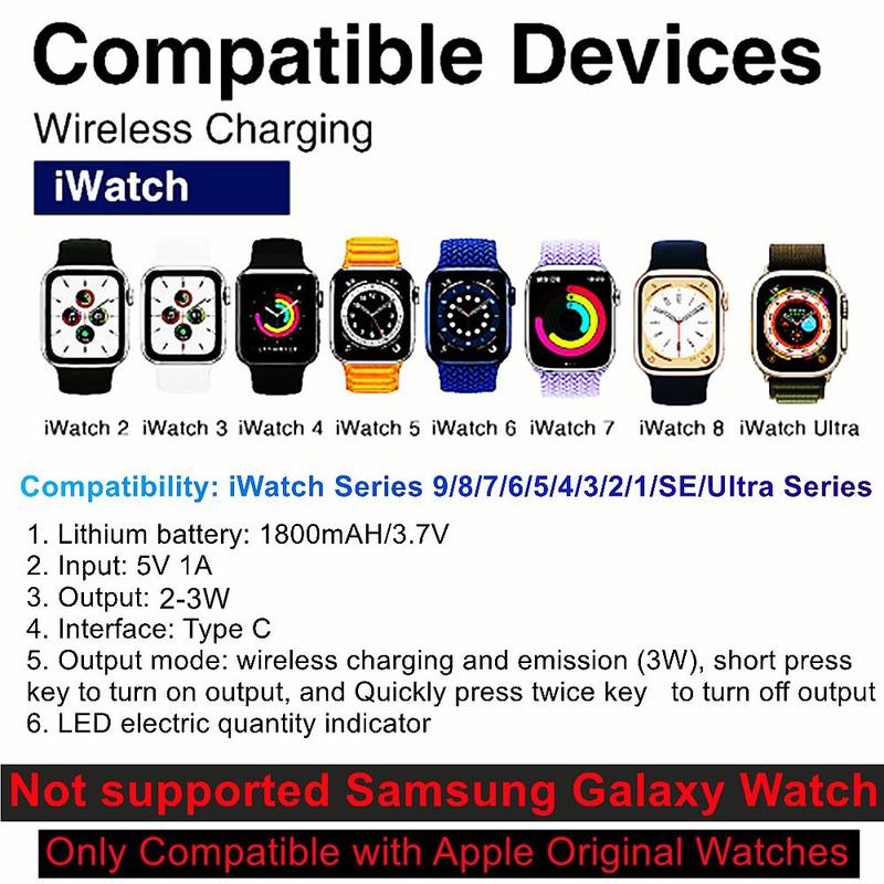 Portable Chargers for Apple Watch, 1800mAh USB Rechargeable Travel Charger, Electronic Charging Device, Power Bank Compatible with Apple Watch Series 9/8/7/6/5/4/3/2/SE/Ultra, Travel Accessories 5